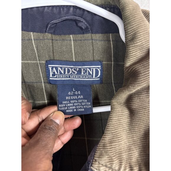 Lands End Mens Cotton Jacket L Navy & Brown Plaid Lining Button-Up Made In China - Picture 4 of 12